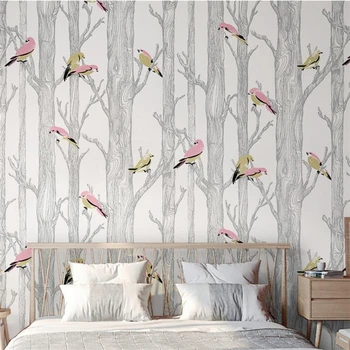 wellyu Šiaurės gėlės ir paukščiai, beržas, miškų tapetai, modernus minimalistinio neaustinių šviesos prabanga kambarį foną