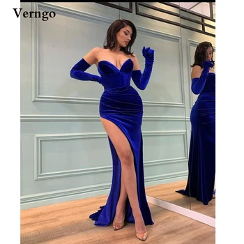Verngo Sexy Blue Velvet Undinė Ilgai Prom Dresses Brangioji Ilgas Pirštines Aukštos Padalinta Vakare Chalatai Paprastas Šalies Oficialų Suknelė